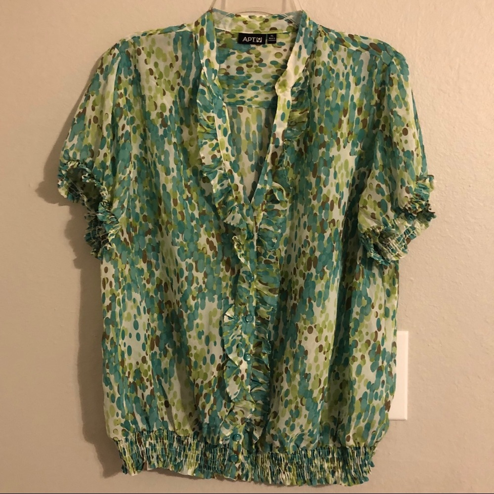Apt. 9 XL Ruffled Blouse, Light Blue/Green/Brown